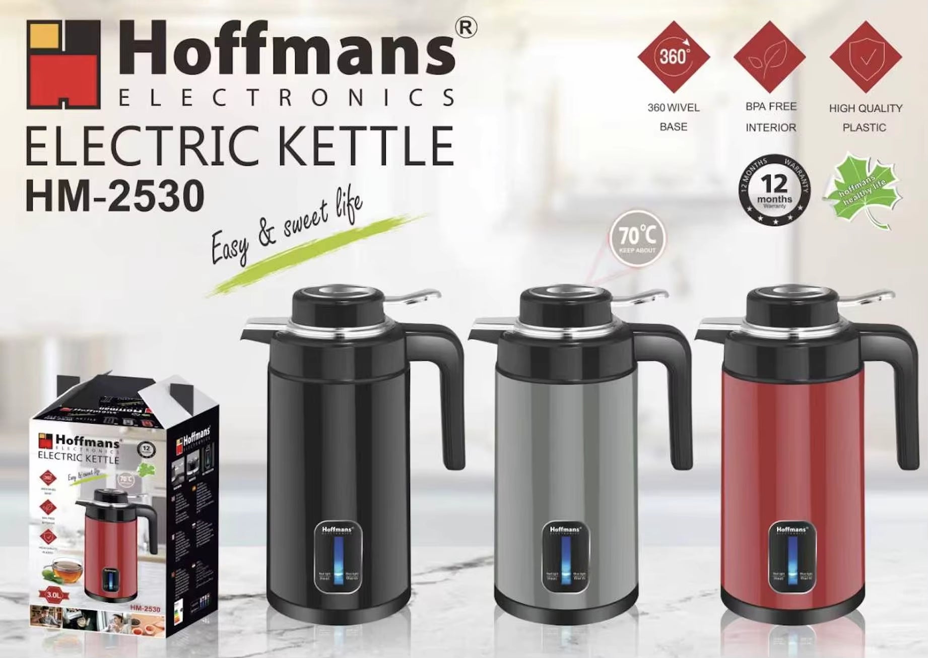 Hot Sale Africa 220V 3L Travel Electric Kettle EU Plug Stainless Steel Inner Kitchen Utensil