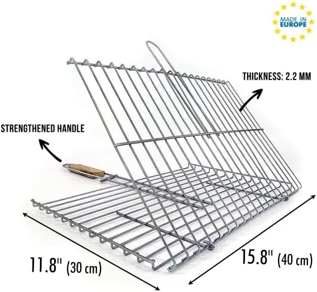 Grill Basket 11.8 X 15.8-Inch for Outdoor Grill, Barbecue Basket for Fish, Steak, Chicken, Vegetables, Shish Kabob and Shrimp, Large Lockable Basket with Wooden Handle, Stainless Steel, BBQ