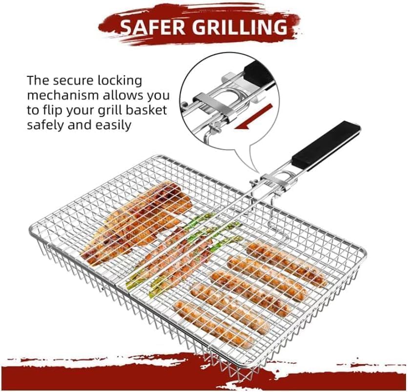 Grill Basket Large Portable Folding BBQ Camping Grilling Rack for Fish, Vegetables, Shrimp, Barbeque Griller Cooking Accessories, Grilling Gifts