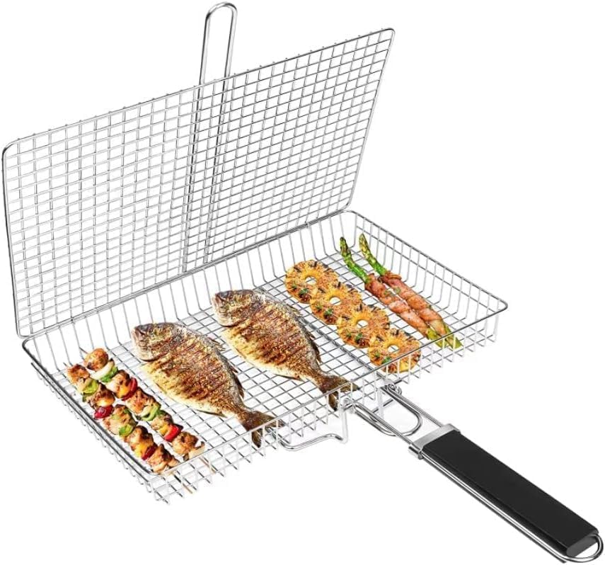 Grill Basket Large Portable Folding BBQ Camping Grilling Rack for Fish, Vegetables, Shrimp, Barbeque Griller Cooking Accessories, Grilling Gifts