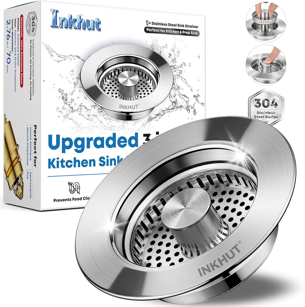 Upgraded 3 in 1 Kitchen Sink Drain Strainer - Stainless Steel Sink Stopper, Anti-Clogging Sink Food Catcher Basket, Fast Drainage Odor Filter Sink Plug for US Standard 3 1/2 Inch Drain (Silver-1Pack)