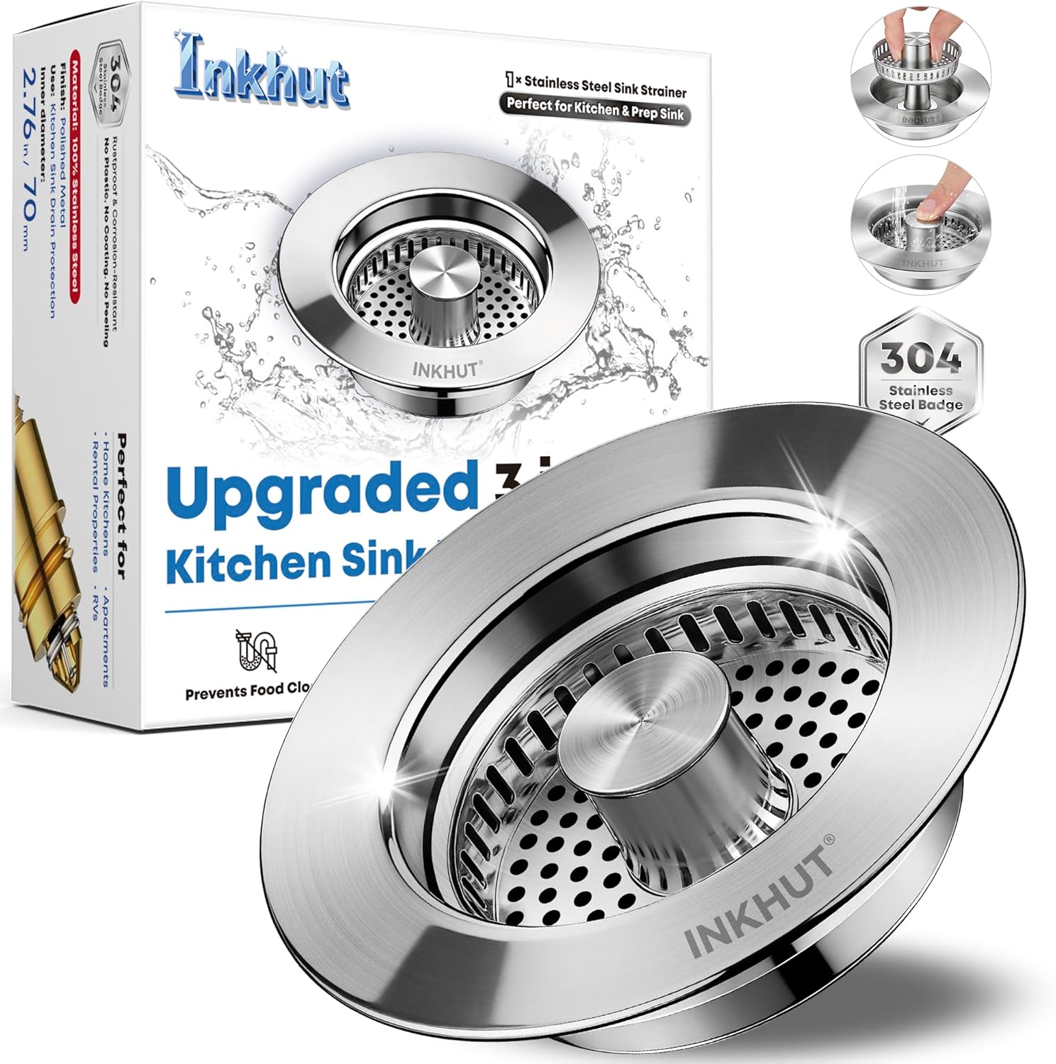 Upgraded 3 in 1 Kitchen Sink Drain Strainer - Stainless Steel Sink Stopper, Anti-Clogging Sink Food Catcher Basket, Fast Drainage Odor Filter Sink Plug for US Standard 3 1/2 Inch Drain (Silver-1Pack)