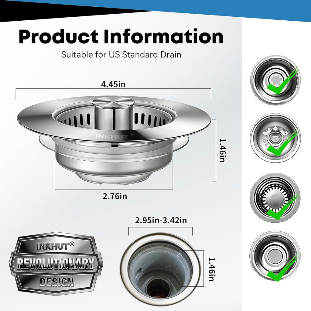 Upgraded 3 in 1 Kitchen Sink Drain Strainer - Stainless Steel Sink Stopper, Anti-Clogging Sink Food Catcher Basket, Fast Drainage Odor Filter Sink Plug for US Standard 3 1/2 Inch Drain (Silver-1Pack)