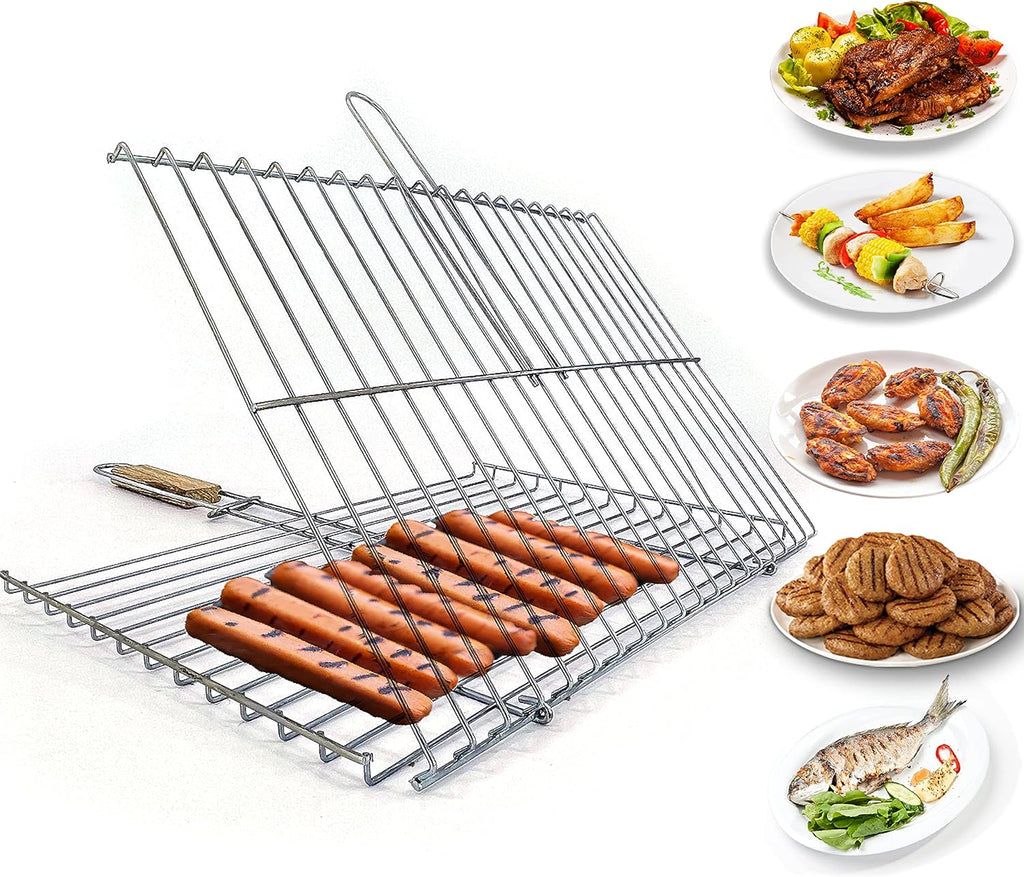 Grill Basket 11.8 X 15.8-Inch for Outdoor Grill, Barbecue Basket for Fish, Steak, Chicken, Vegetables, Shish Kabob and Shrimp, Large Lockable Basket with Wooden Handle, Stainless Steel, BBQ