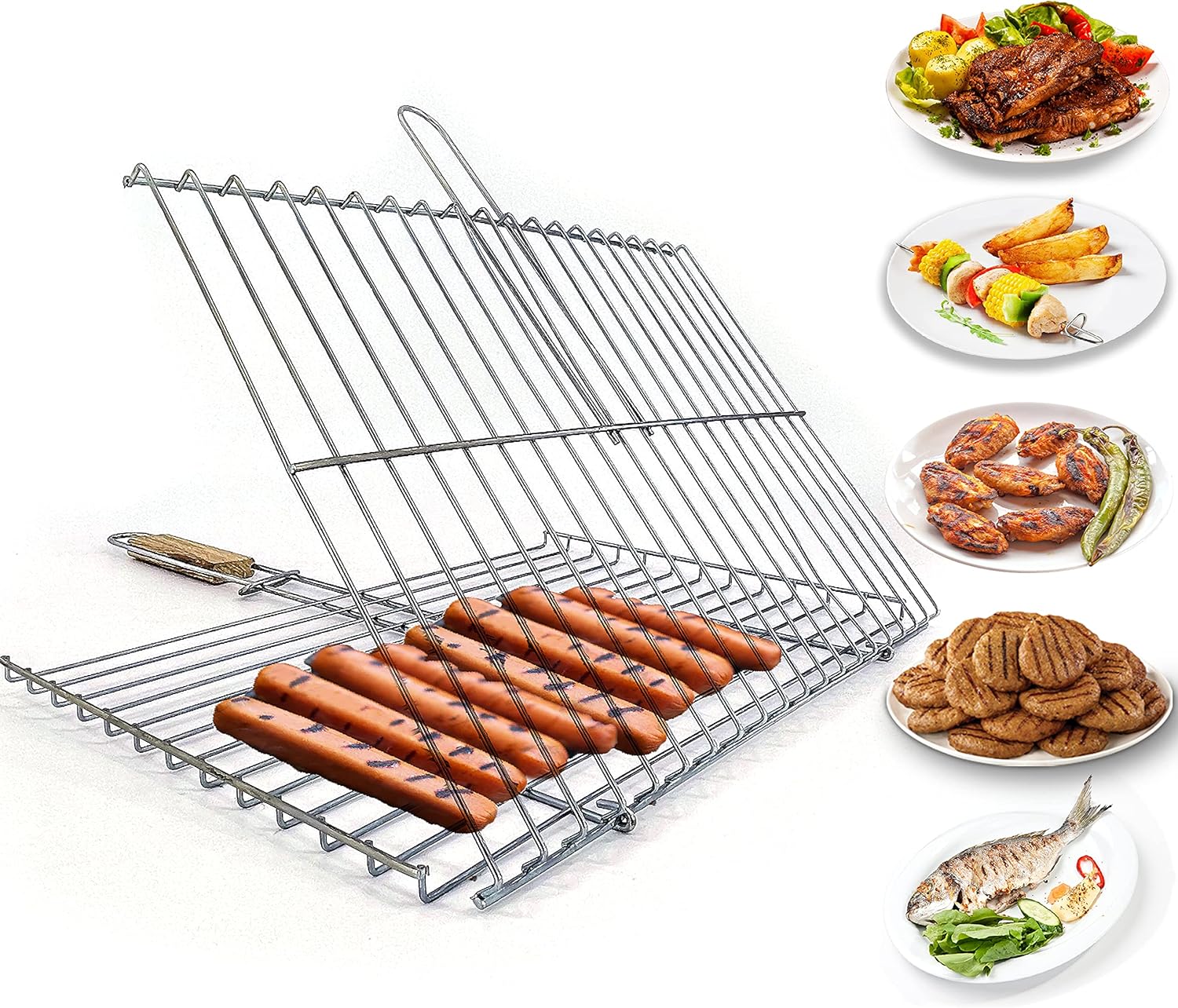 Grill Basket 11.8 X 15.8-Inch for Outdoor Grill, Barbecue Basket for Fish, Steak, Chicken, Vegetables, Shish Kabob and Shrimp, Large Lockable Basket with Wooden Handle, Stainless Steel, BBQ