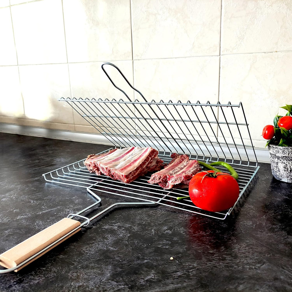 Grill Basket 11.8 X 15.8-Inch for Outdoor Grill, Barbecue Basket for Fish, Steak, Chicken, Vegetables, Shish Kabob and Shrimp, Large Lockable Basket with Wooden Handle, Stainless Steel, BBQ