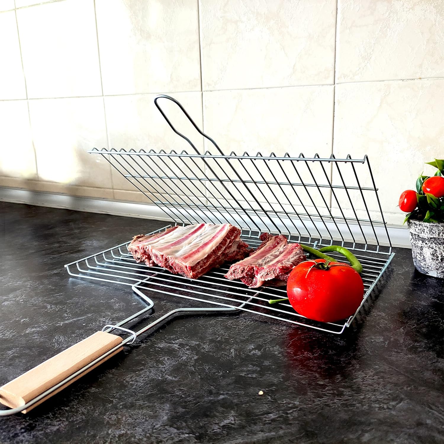 Grill Basket 11.8 X 15.8-Inch for Outdoor Grill, Barbecue Basket for Fish, Steak, Chicken, Vegetables, Shish Kabob and Shrimp, Large Lockable Basket with Wooden Handle, Stainless Steel, BBQ