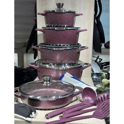 Granite Cookware Set Gray 17PCS Non Stick Die Casting Aluminum Duty Heavy Gadget Kit Durable Dishwasher Safe Cookware Set