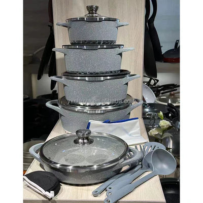 Granite Cookware Set Gray 17PCS Non Stick Die Casting Aluminum Duty Heavy Gadget Kit Durable Dishwasher Safe Cookware Set