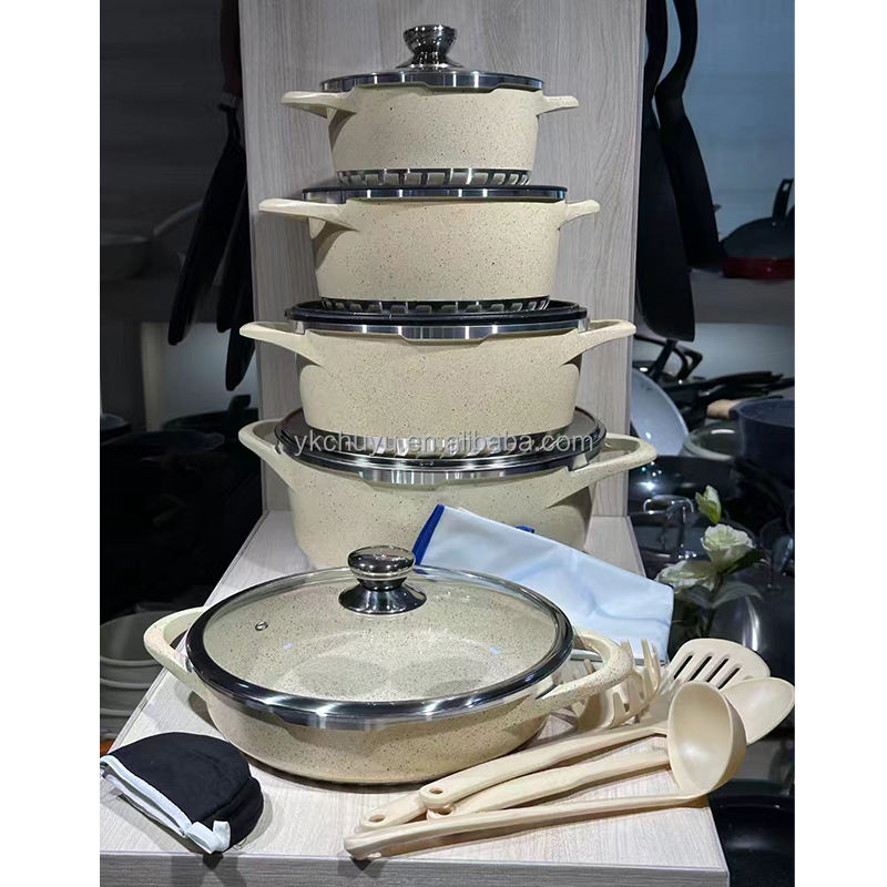 Granite Cookware Set Gray 17PCS Non Stick Die Casting Aluminum Duty Heavy Gadget Kit Durable Dishwasher Safe Cookware Set