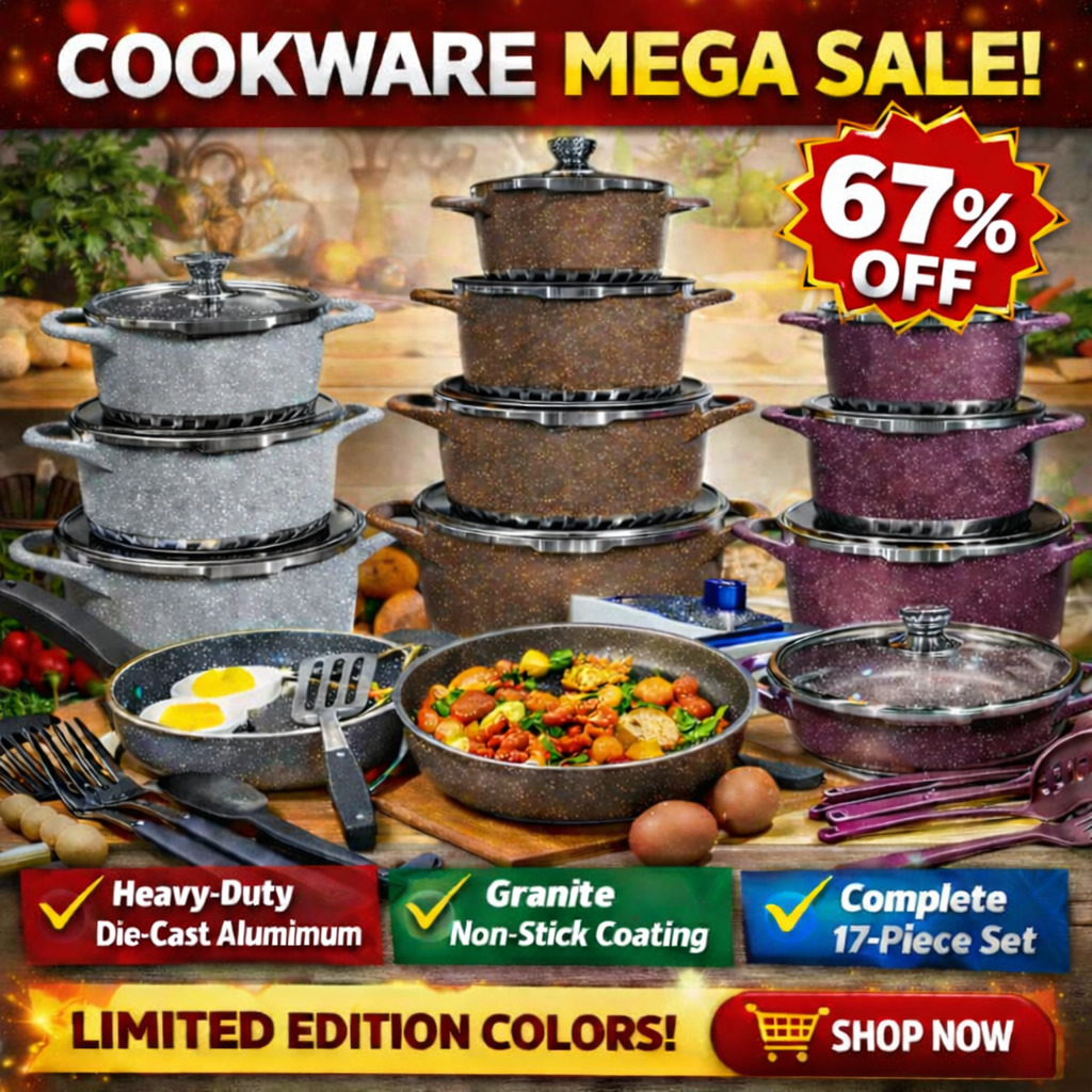 Granite Cookware Set Gray 17PCS Non Stick Die Casting Aluminum Duty Heavy Gadget Kit Durable Dishwasher Safe Cookware Set
