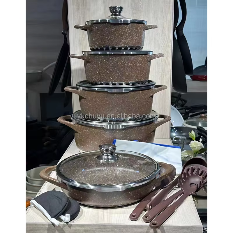 Granite Cookware Set Gray 17PCS Non Stick Die Casting Aluminum Duty Heavy Gadget Kit Durable Dishwasher Safe Cookware Set